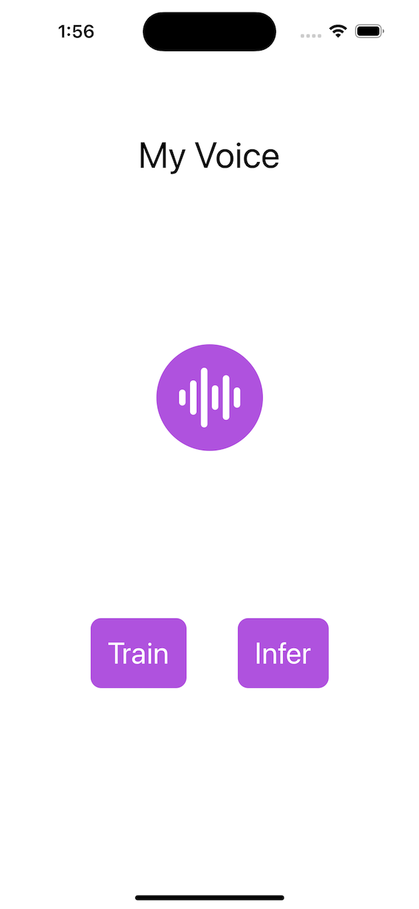 application demo, with buttons for voice, train, and infer.